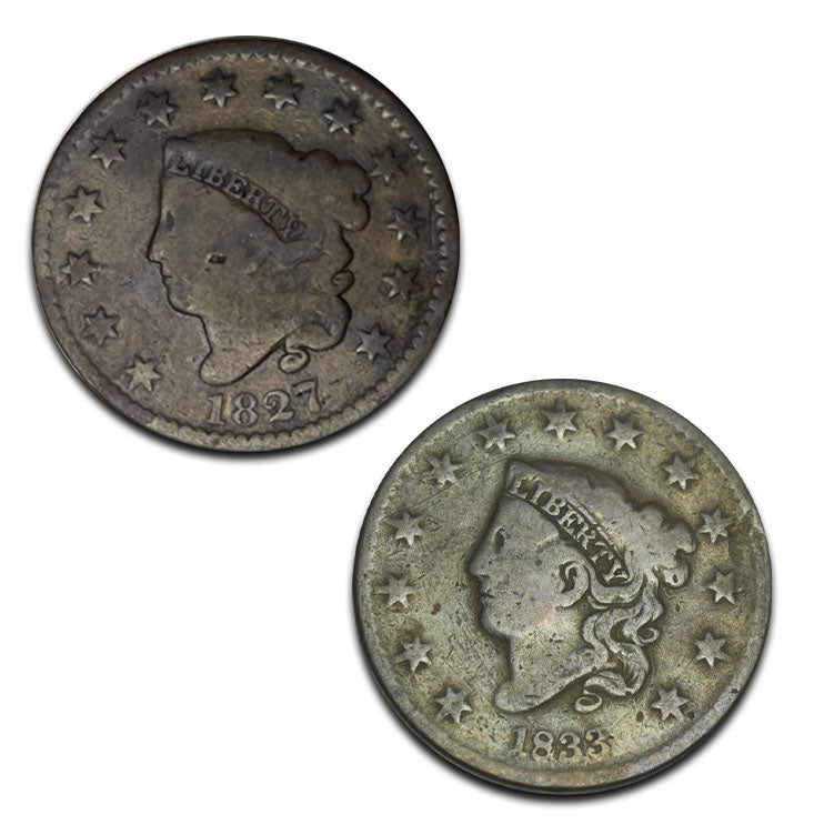 1827 and 1833 Coronet Head Large Cent Pair . . . . Very Good