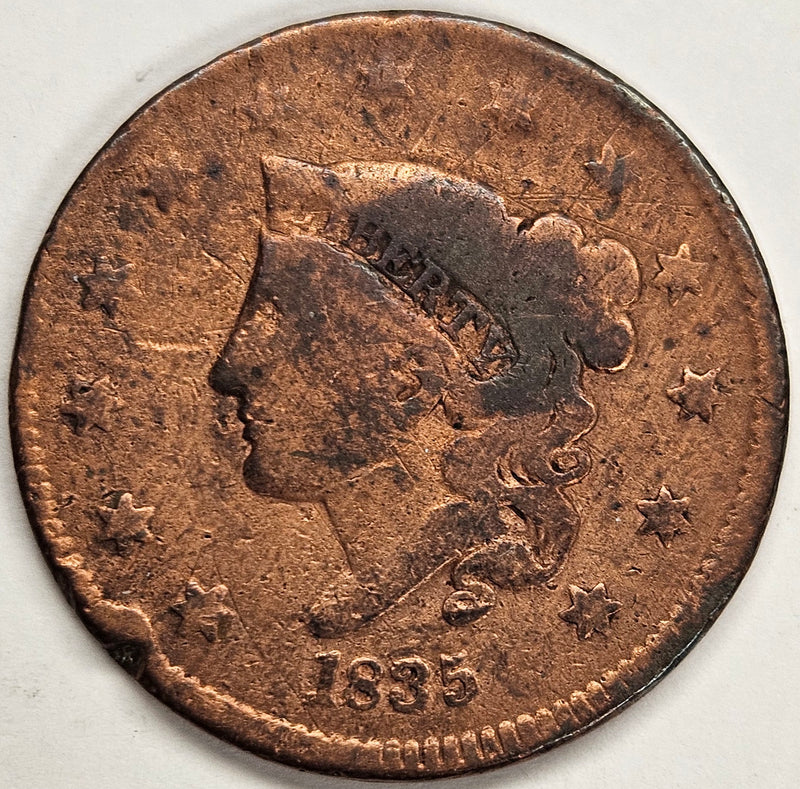 1835 Matron Head Large Cent . . . . Fine rim damage