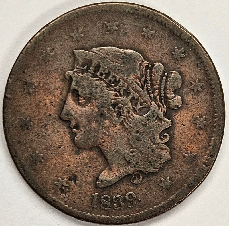 1839 Booby Head Braided Hair Large Cent . . . . Very Fine