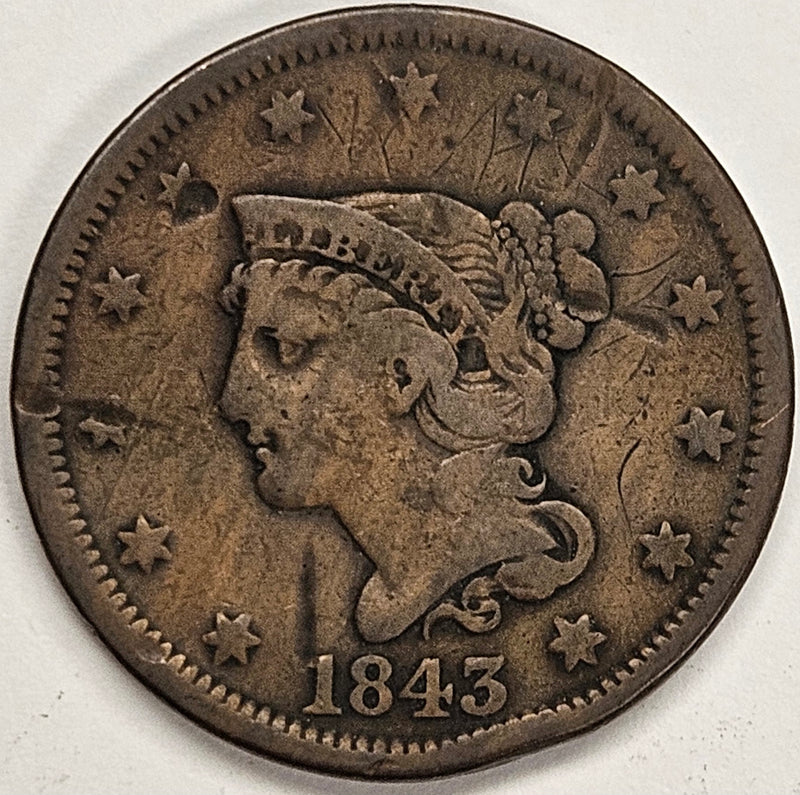 1843 Petite Head Small Letters Braided Hair Large Cent . . . . VF many hits