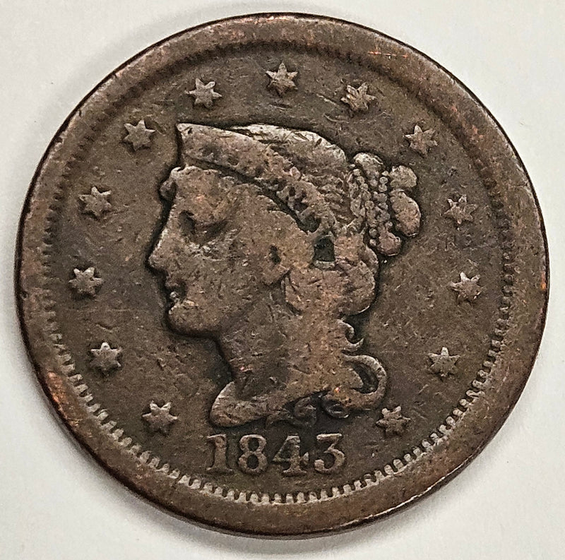 1843 Petite Head Large Letters Braided Hair Large Cent . . . . Very Good