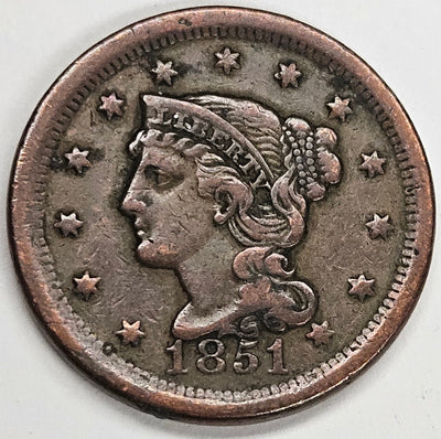 1851 Braided Hair Large Cent Very Fine