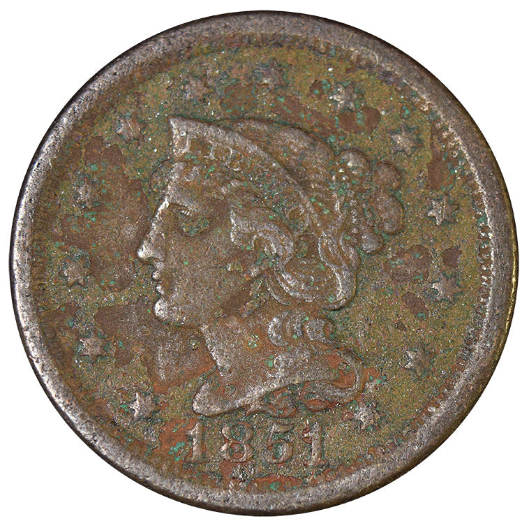 1851 Braided Hair Large Cent . . . . XF badly corroded