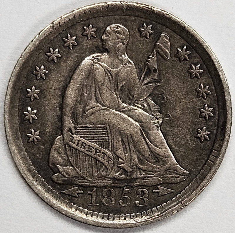 1853 Arrows Seated Liberty Half Dime . . . . Choice AU reverse damage