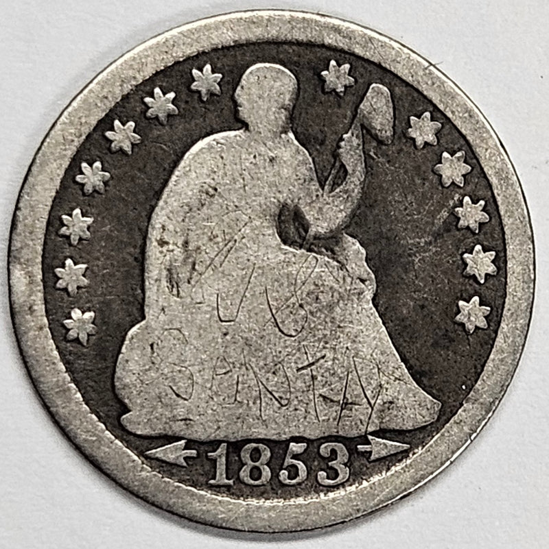 1853 Arrows Seated Liberty Half Dime . . . . VG initials