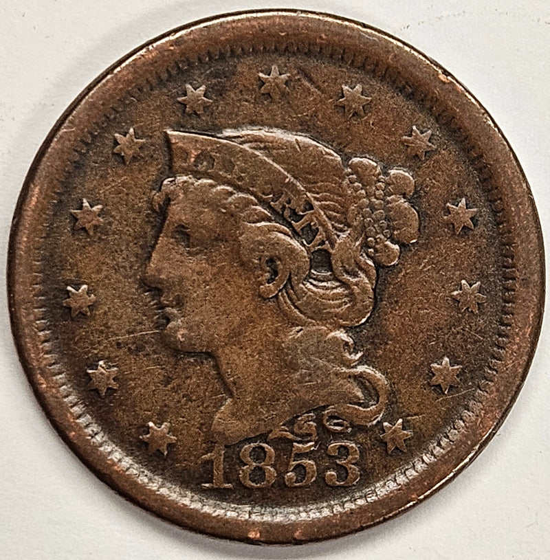 1853 Braided Hair Large Cent . . . . VF reverse scratches