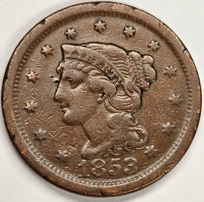 1853 Braided Hair Large Cent Very Fine