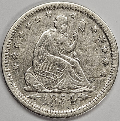 1854 Arrows Seated Liberty Quarter VF/XF