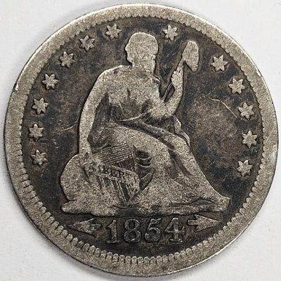 1854 Arrows Seated Liberty Quarter Very Good