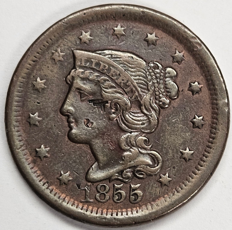 1855 Upright 55 Braided Hair Large Cent . . . . XF/AU corrosion