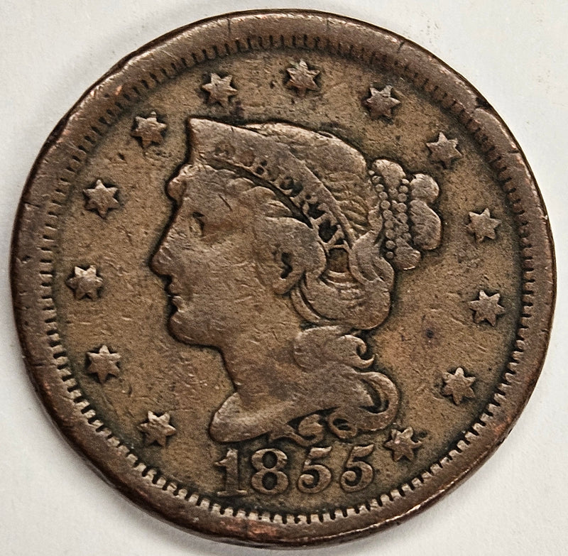 1855 Slant 55 Braided Hair Large Cent . . . . Fine