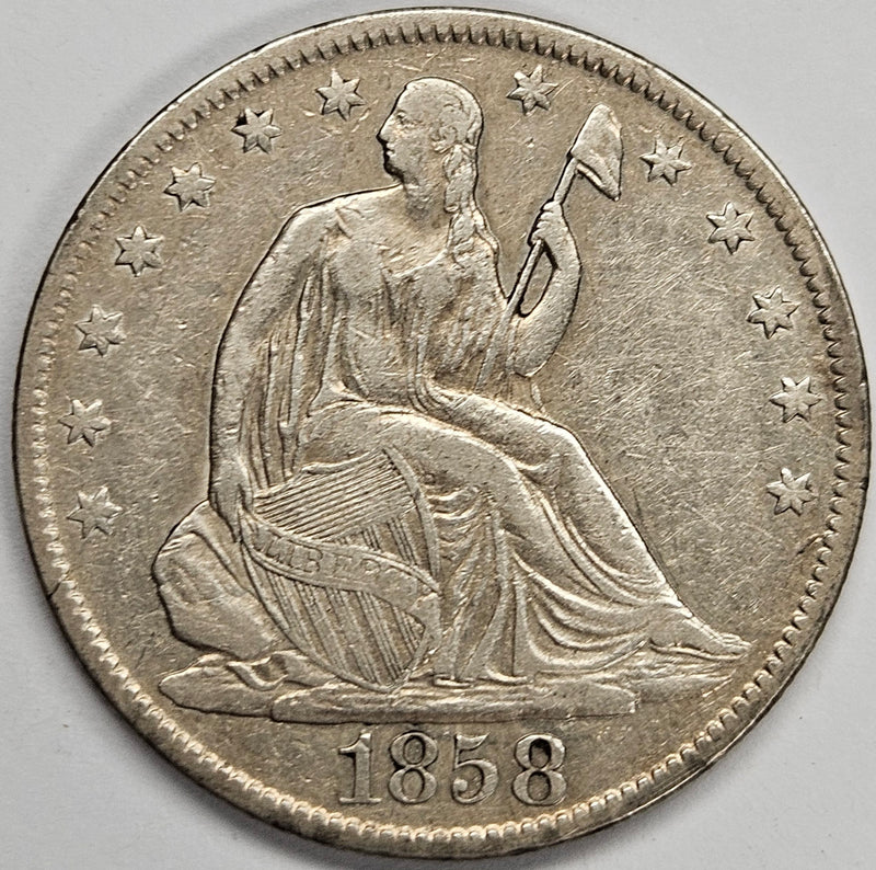 1858-O Seated Liberty Half . . . . XF/AU planchet error reverse