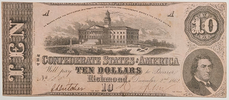 $10.00 1862 Confederate Note T-52 . . . . Very Fine