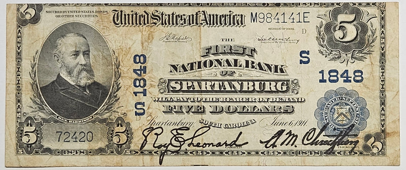 South Carolina $5.00 1902 The First National Bank of Spartanburg, SC CH