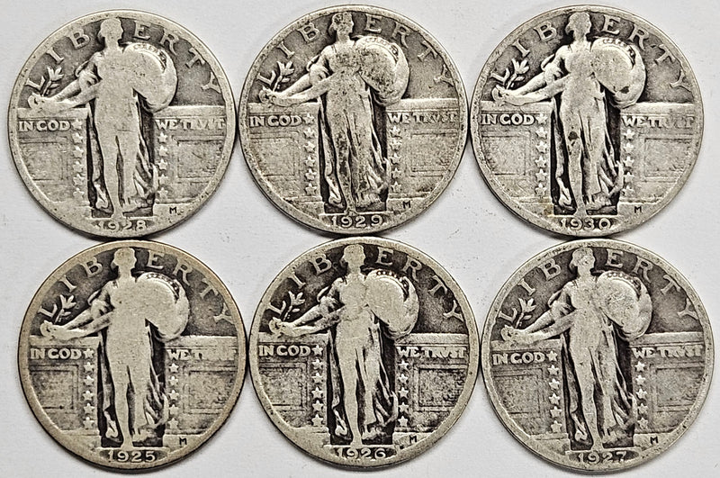 1925 to 1930 Philadelphia Mint Standing Liberty Quarters . . . . All 6 Coins Good/VG