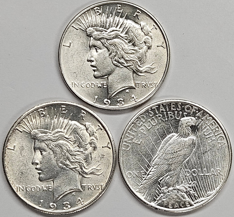 All 3 1934 PDS Peace Dollars . . . . Select Brilliant Uncirculated