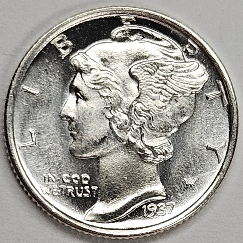 1937-D Mercury Dime . . . . Gem BU Full Bands Prooflike Obverse