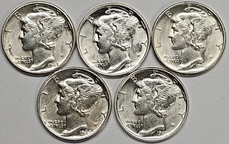 All 5 1941-1945 Philadelphia Mint Mercury Dimes . . . . Brilliant Uncirculated