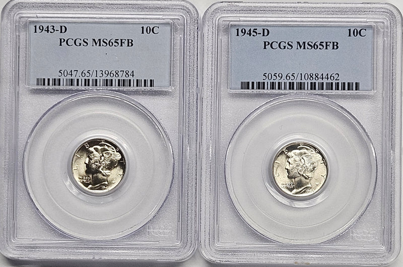 1943-D and 1945-D Mercury Dime Pair . . . . Both PCGS MS-65 Full Bands Coins