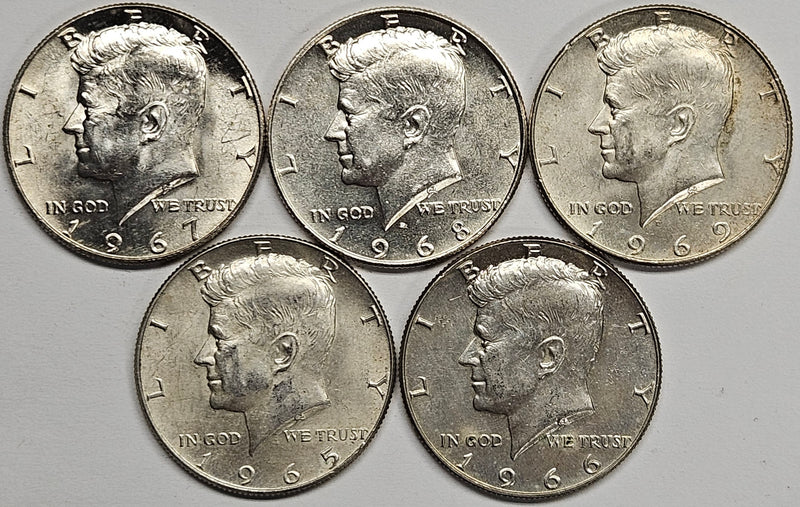 1965, 1966, 1967, 1968-D, 1969-D Kennedy Halves . . . . Brilliant Uncirculated