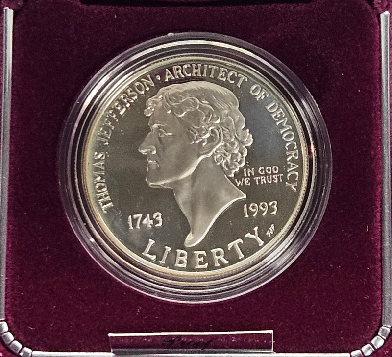 1993-S Jefferson 250th Anniversary Silver Dollar . . . . Gem Brilliant Proof in original U.S. Mint Box