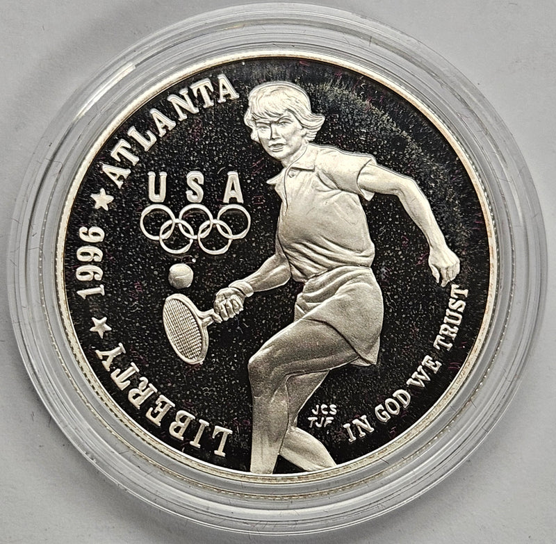 1996-P Olympic Tennis Silver Dollar . . . . Gem Brilliant Proof in original U.S. Mint Capsule