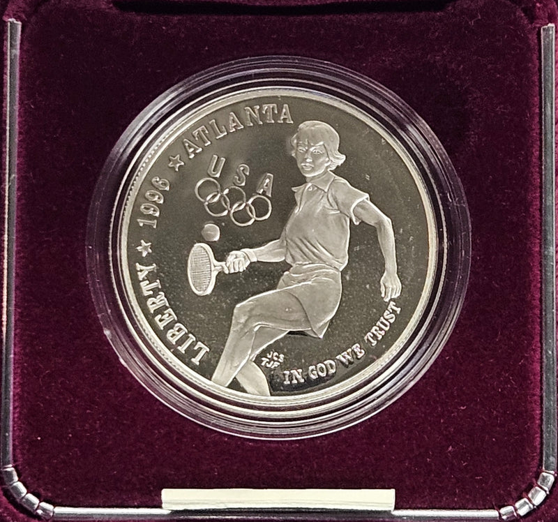 1996-P Olympic Tennis Silver Dollar . . . . Gem Brilliant Proof in original U.S. Mint Box