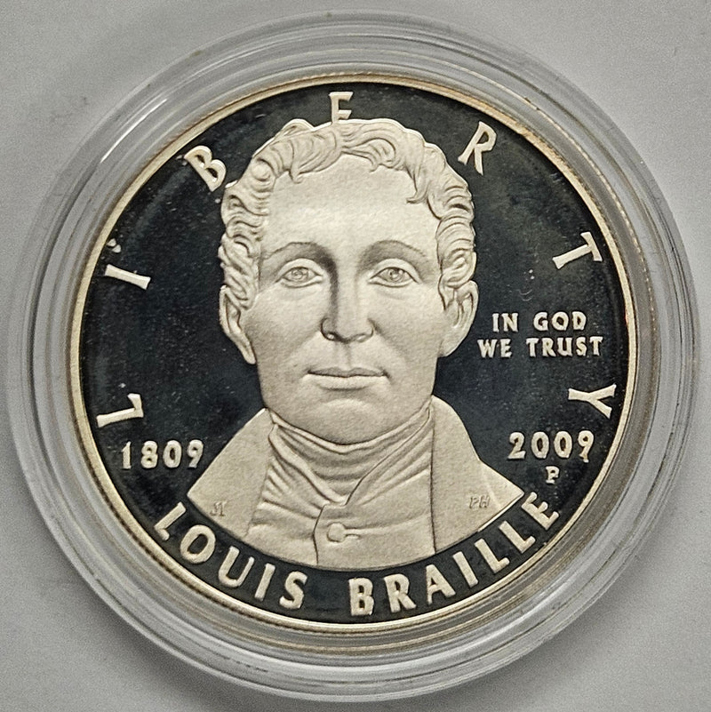 2009-P Louis Braille Bicentennial Silver Dollar . . . . Gem Brilliant Proof in original U.S. Mint Capsule