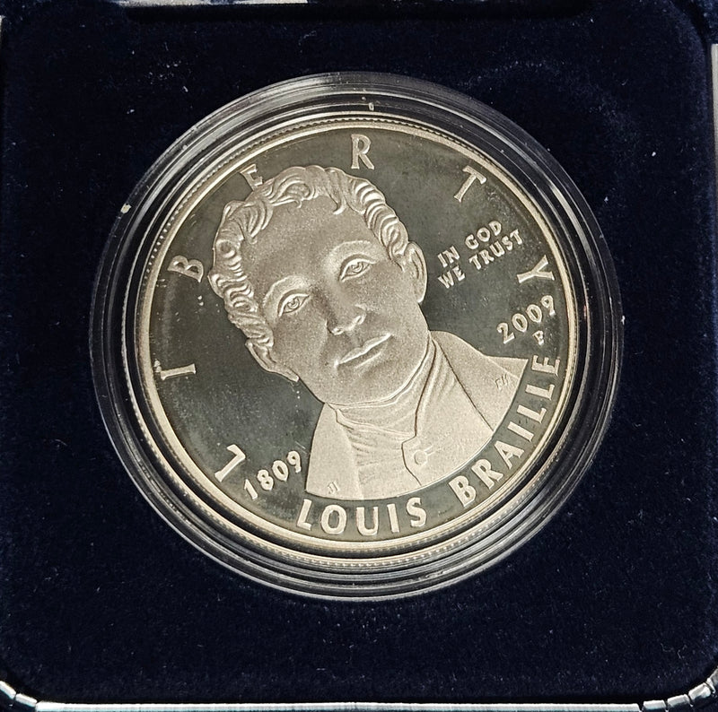 2009-P Louis Braille Bicentennial Silver Dollar . . . . Gem Brilliant Proof in original U.S. Mint Box