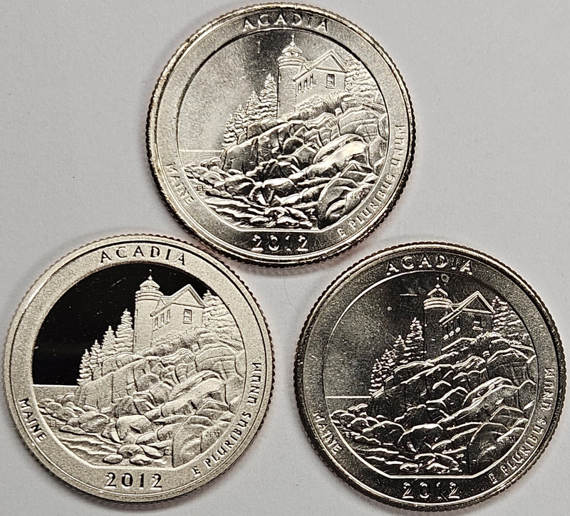 2012-PDS Acadia Park Quarters 3-coin set Choice BU P D and S Gem Proof