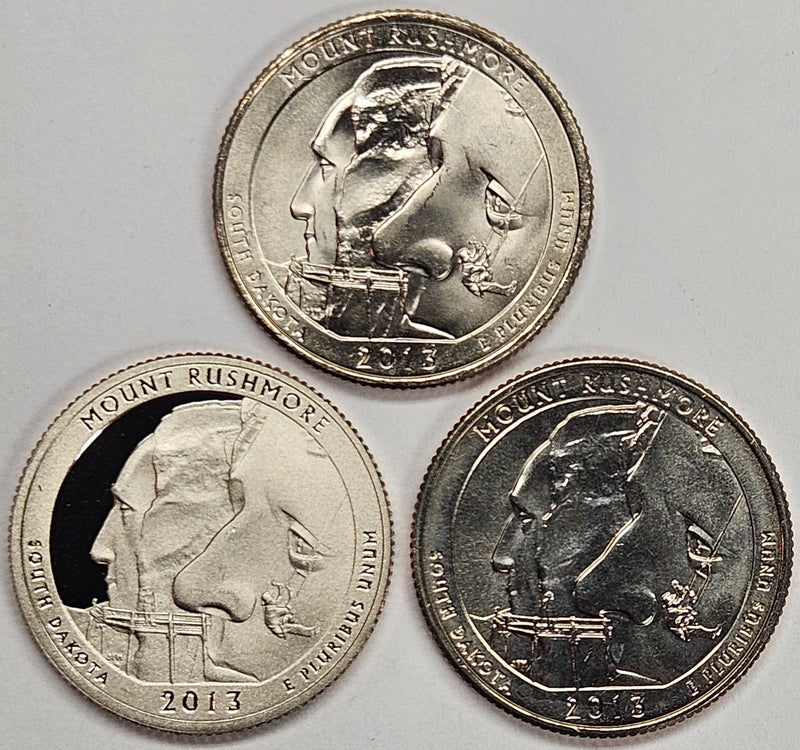 2013-PDS Mount Rushmore Park Quarters 3-coin set Choice BU P D and S Gem Proof