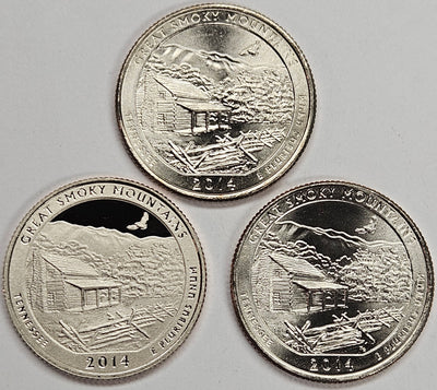 2014-PDS Great Smoky Mountains Park Quarters 3-coin set Choice BU P D and S Gem Proof