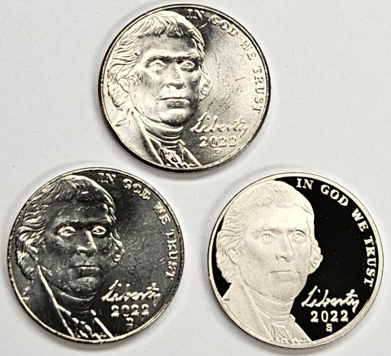 2022-P, D and S Jefferson Nickel Trio Choice BU and Superb Proof