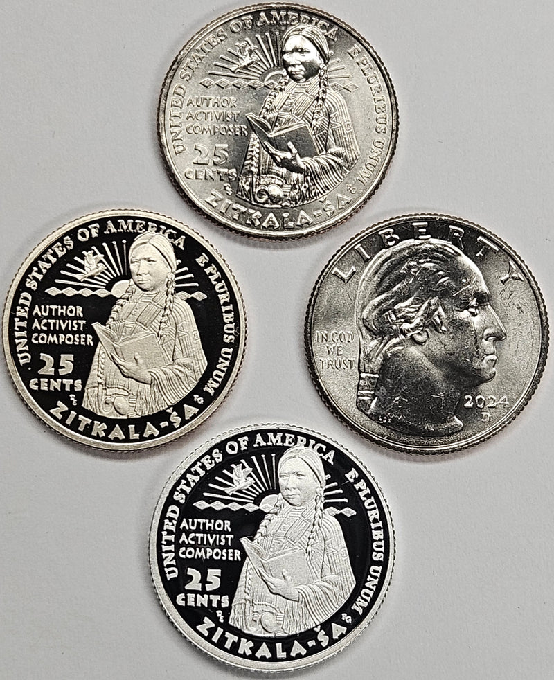 2024-P, D, S and S Silver Zitkala-Sa (meaning Red Bird) Famous Women Quarters . . . . Choice BU and Superb Proof Clad and Silver