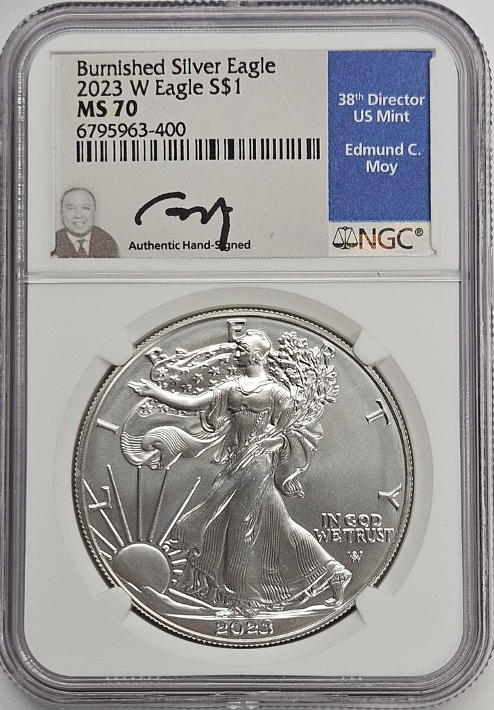 2023-W Silver Eagle. NGC MS-70 Edmund C Moy Autograph – Mount