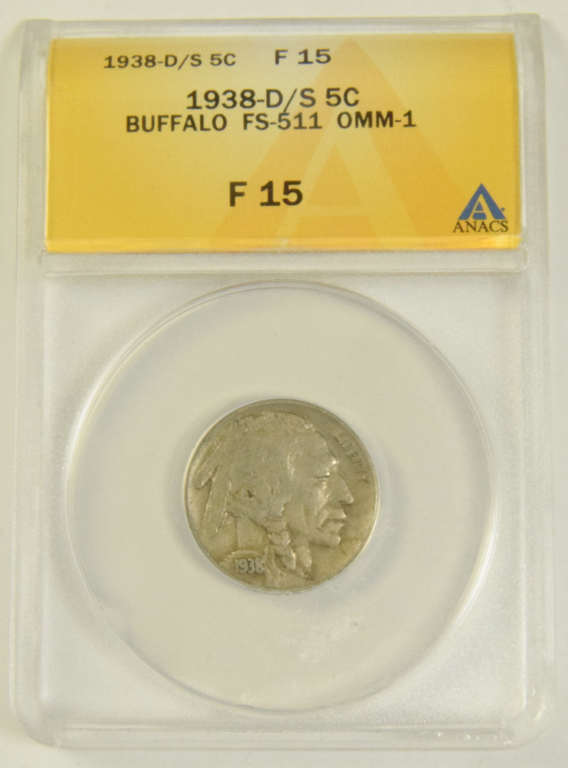 1938-D/S Buffalo Nickel ANACS Fine-15 FS-511 OMM-1