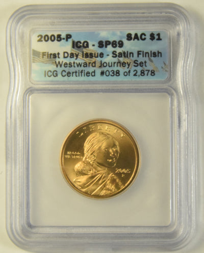 2005 Sacagawea Dollar ICG SP-69 First Day of Issue Satin Finish from Westward Journey Set