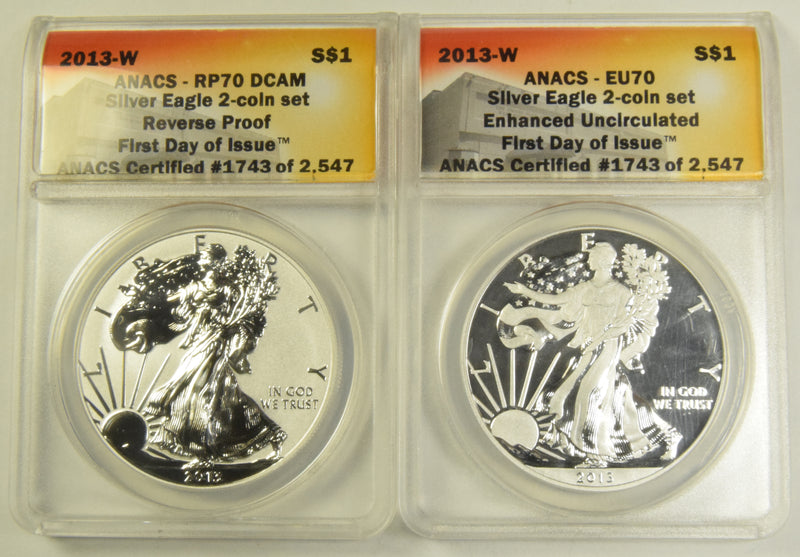 2013-W Silver Eagle ANACS EU-70 Enhanced RP-70 DCAM Reverse Proof First Day of Issue 2-Coin Set