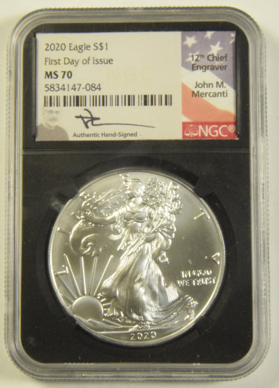 2020 Silver Eagle NGC MS-70 First Day of Issue John Mercanti Autograph