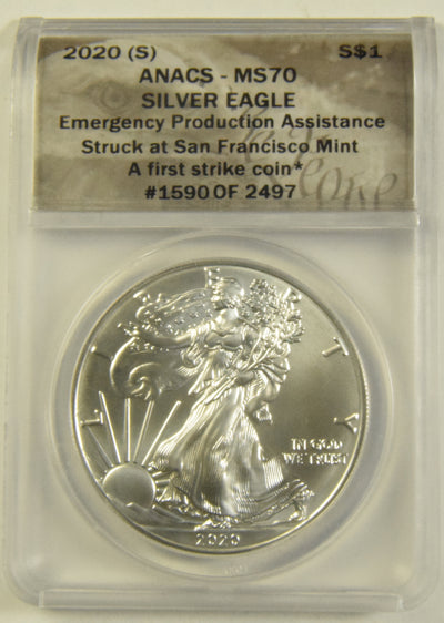 2020(S) Silver Eagle ANACS MS-70 A First Strike Coin Emergency Production Struck at San Francisco Mint