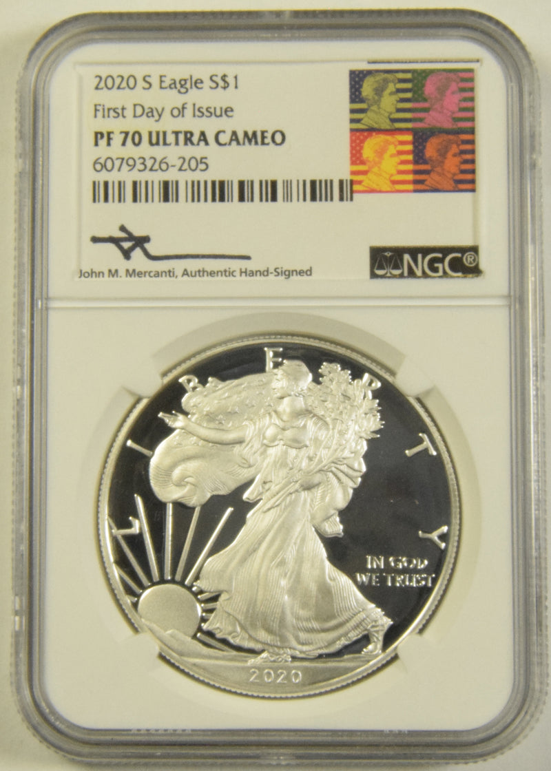 2020-S Silver Eagle . . . . NGC PF-70 Ultra Cameo First Day of Issue John Mercanti Autograph