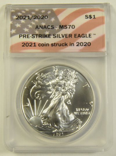 2021/2020 Silver Eagle ANACS MS-70 Pre-Strike Silver Sale 2021 coin struck in 2020