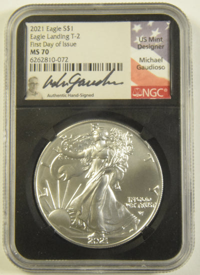 2021 Type 2 Silver Eagle NGC MS-70 Eagle Landing First Day of Issue Michael Gaudioso Autograph Retro Holder