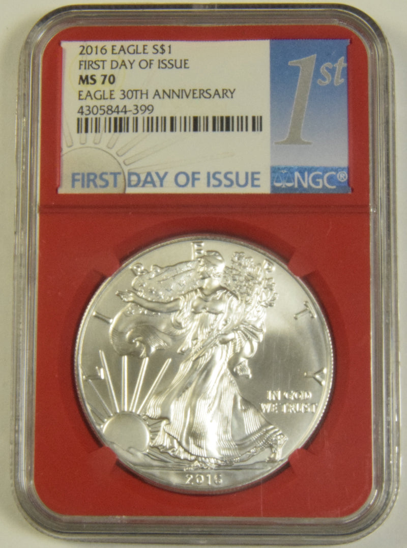 2016 Silver Eagle NGC MS-70 First Day of Issue Eagle 30th Anniversary Red Holder