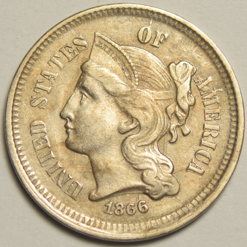 1866 Nickel Three Cent Piece . . . . Choice About Uncirculated