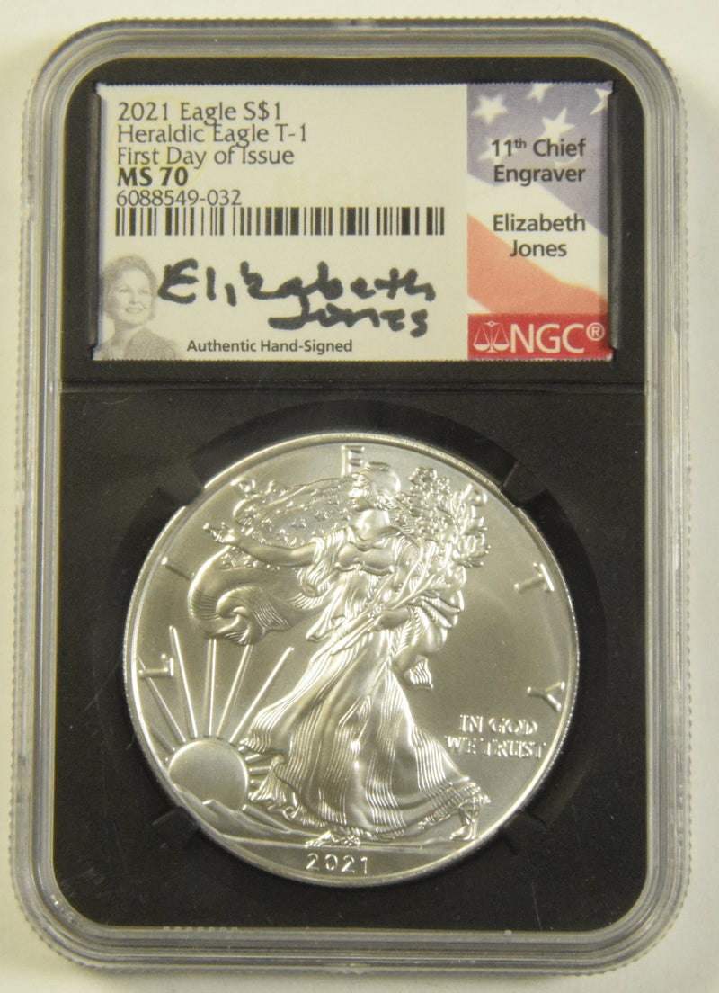 2021 Type 1 Silver Eagle NGC PF-70 Ultra Cameo First Day of Issue Elizabeth Jones Autograph