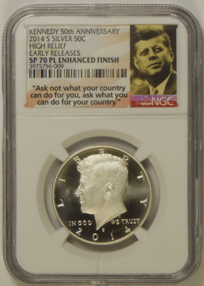 2014-S Kennedy Half NGC SP-70 PL Silver Enhanced Finish Early Releases High Relief Kennedy 50th Anniversary