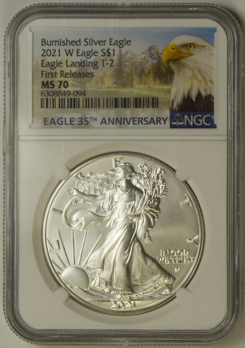 2021-W Type 2 Burnished Silver Eagle NGC MS-70 First Releases Eagle 35th Anniversary