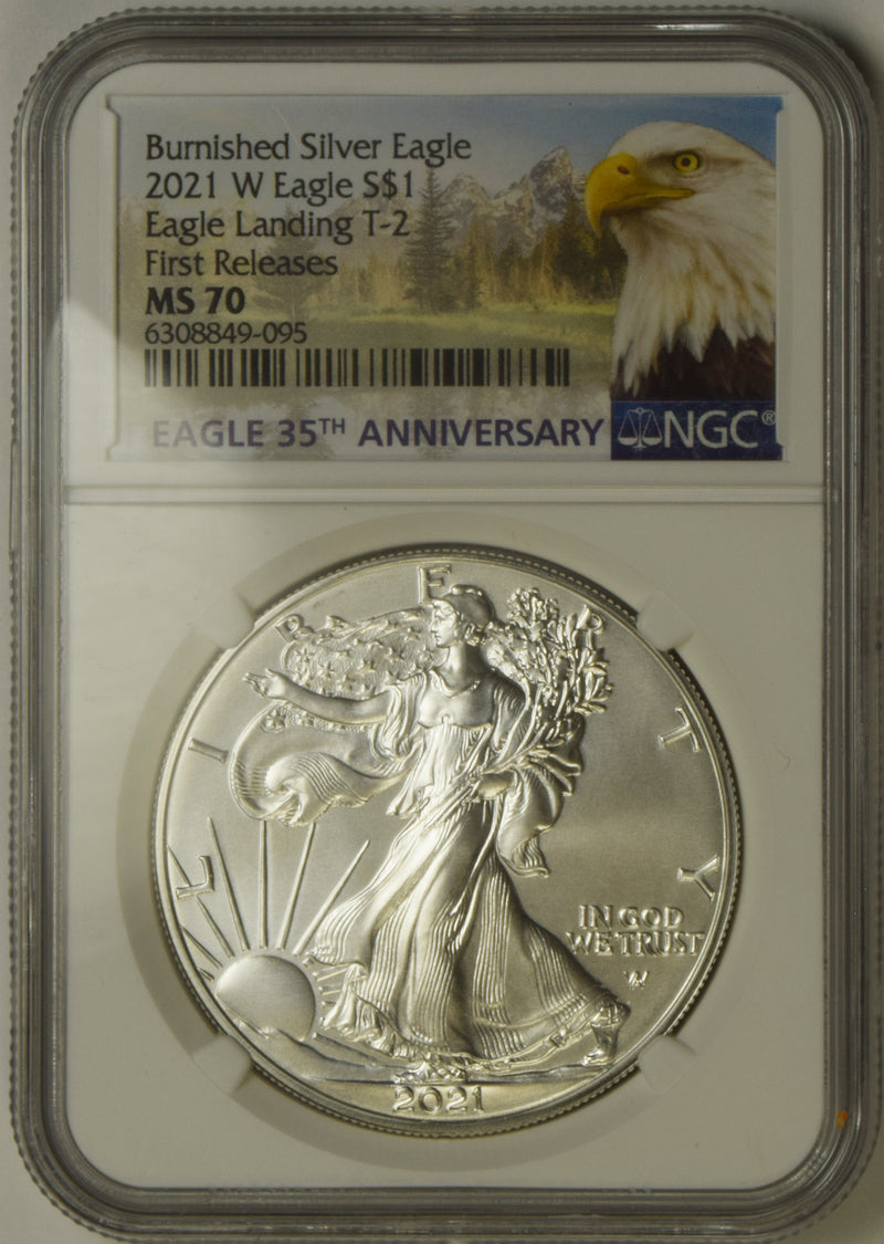 2021-W Type 2 Burnished Silver Eagle . . . . NGC MS-70 First Releases Eagle 35th Anniversary