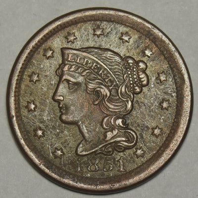 1851 Braided Hair Large Cent Select Uncirculated Brown